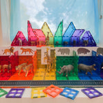 Colourful magnetic tiles set up with Learn & Grow Toys Animal Duo Puzzle pack 