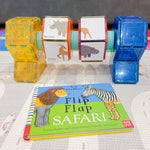 Flip Flap Safari book set up with Learn & Grow Toys Animal Duo Puzzle pack 