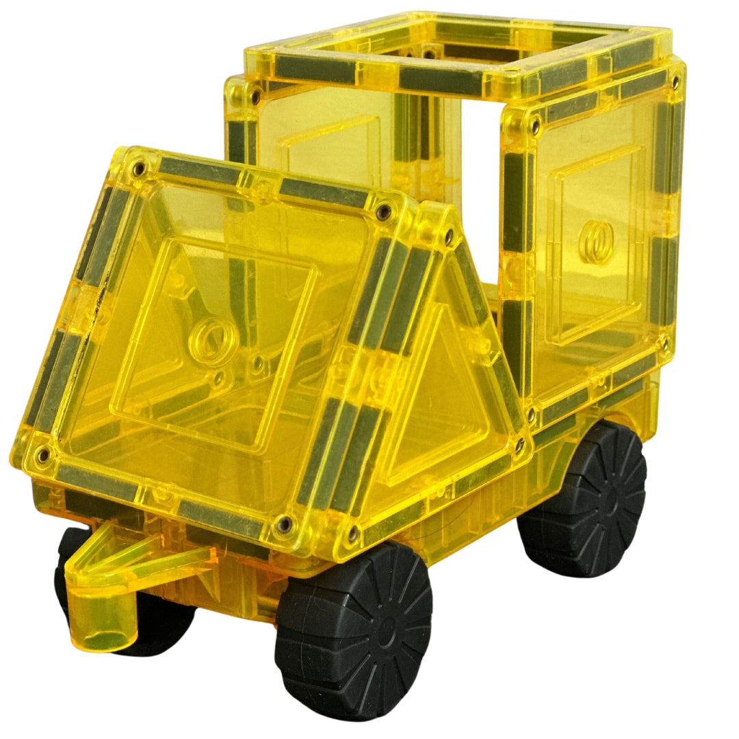 Yellow magnetic tile car with rubber wheels