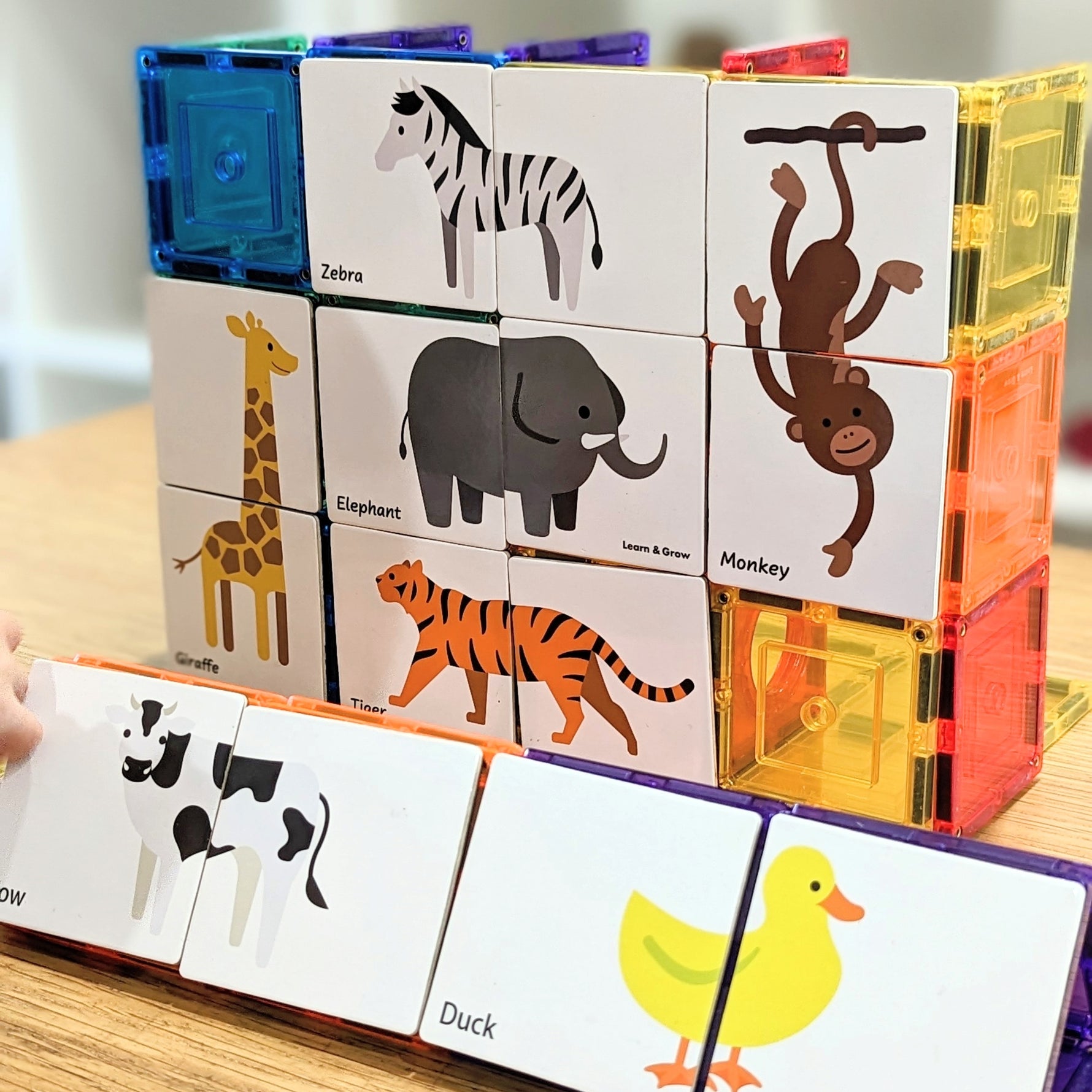 Duo Animal tile toppers set up on magnetic tiles