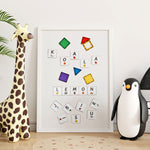 Alphabet Upper Case Pack displayed on colourful magnetic tiles on a whiteboard in a playroom with a toy giraffe and penguin